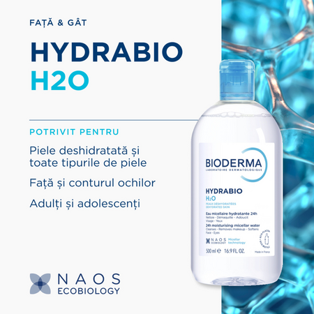 Apa micelara hidratanta dermatologica pentru fata si ochi Hydrabio H2O, 500 ml, Bioderma 822580