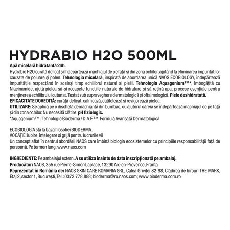 Apa micelara hidratanta dermatologica pentru fata si ochi Hydrabio H2O, 500 ml, Bioderma 822590