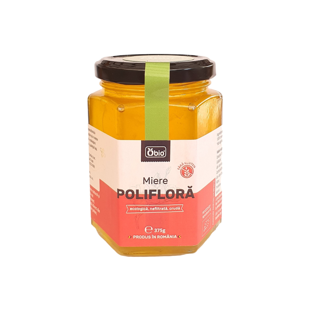 Miere de poliflora cruda nefiltrata bio, 375g, Obio