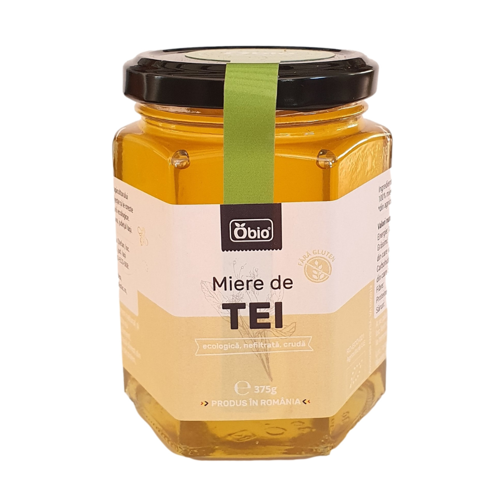 Miere de tei cruda nefiltrata bio, 375 g, Obio