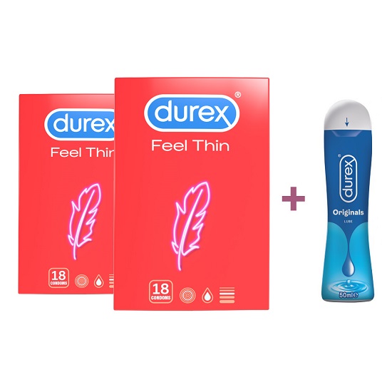 Oferta Pachet, Prezervative Feel Thin 2 x18 buc si Lubrifiant Originals 50 ml, Durex