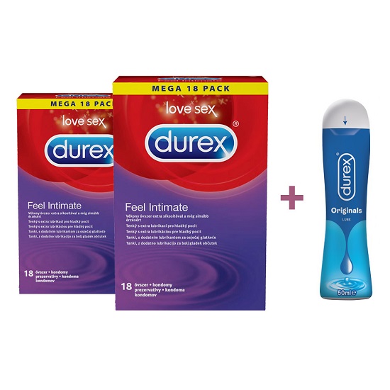 Oferta Pachet, Prezervative Feel Intimate 2x18 buc si Lubrifiant Originals 50 ml, Durex