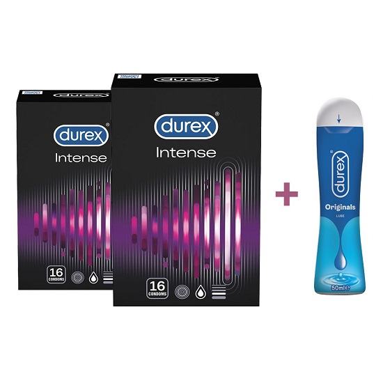 Oferta Pachet, Prezervative, Intense Orgasmic, 2x16 buc si Lubrifiant Originals 50 ml, Durex