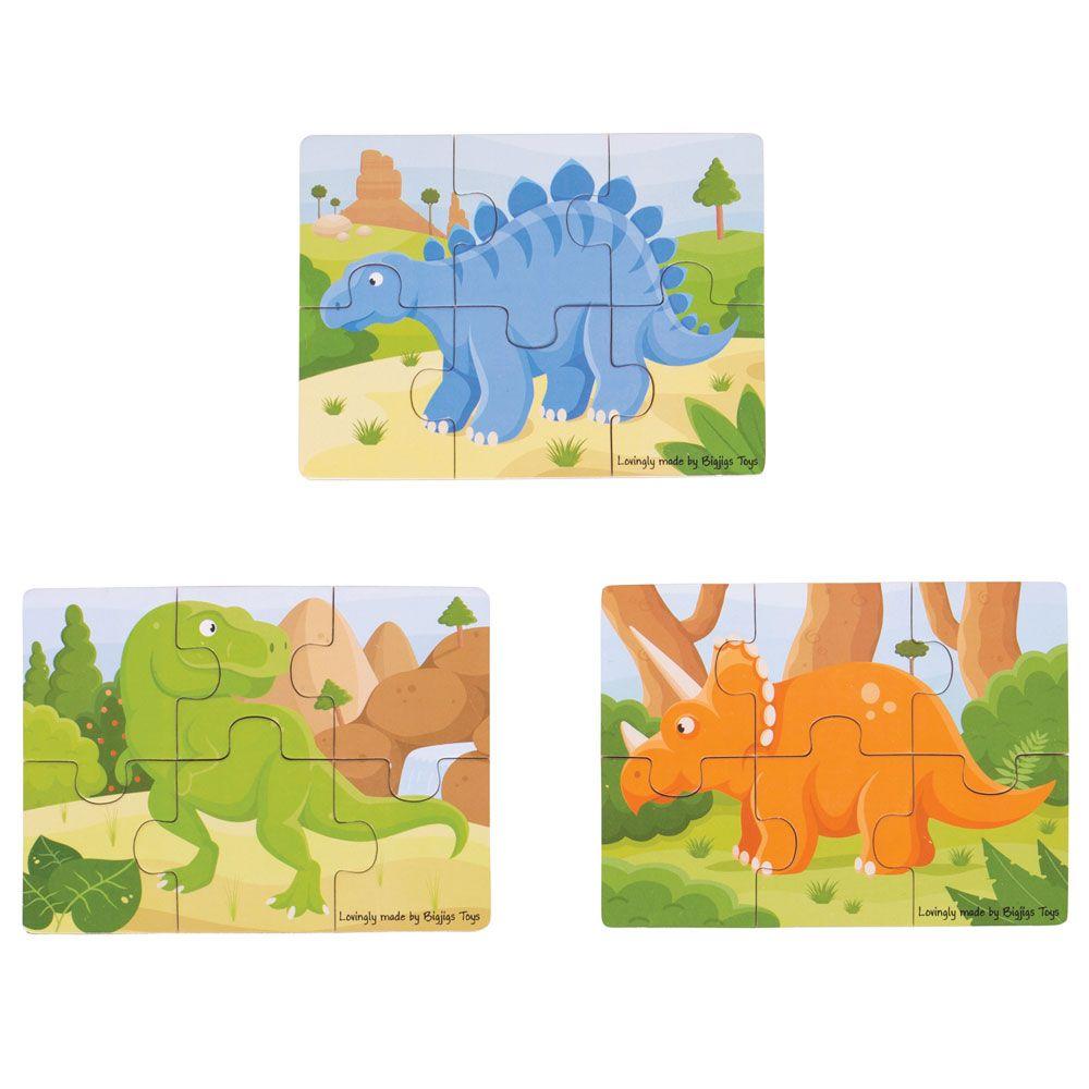 Set 3 puzzle din lemn Dinozauri, +2 ani, 18 piese, Big Jigs