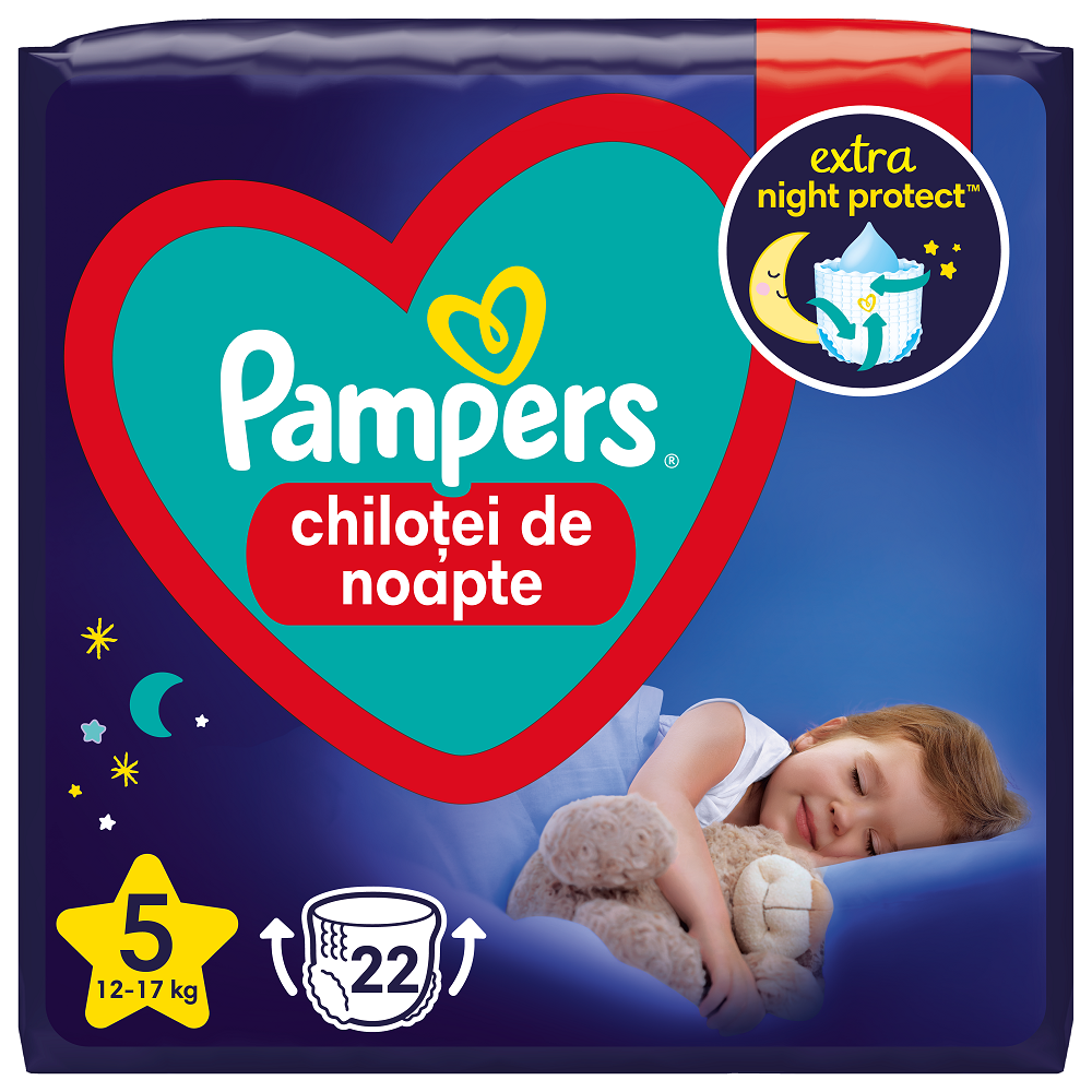 Scutece chilotel de noapte Stop&Protect, Nr.5, 12-17 kg, 22 buc, Pampers