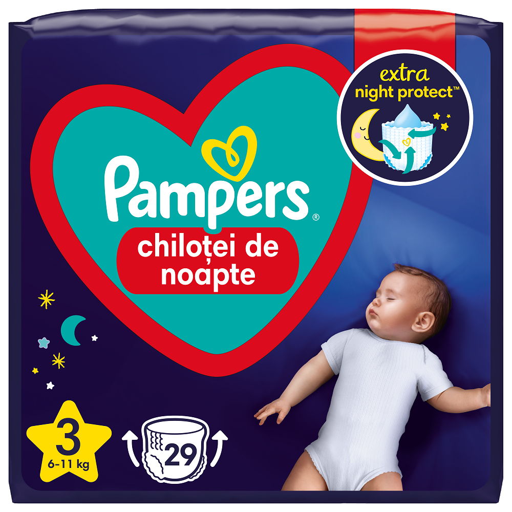 Scutece chilotel de noapte Stop&Protect, Nr.3, 6-11 kg, 29 buc, Pampers