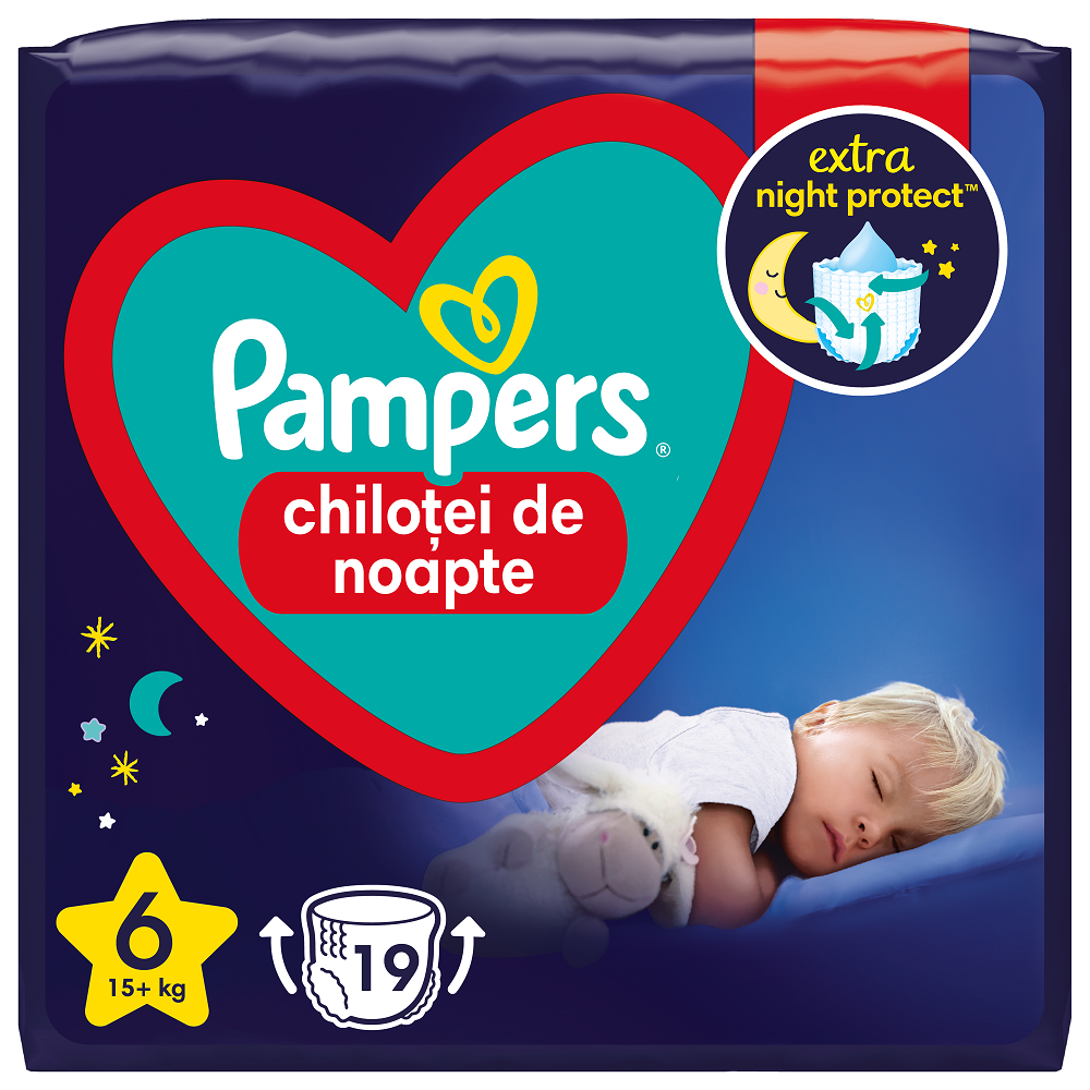 Scutece chilotel de noapte Stop&Protect, Nr.6, 15+ kg, 19 buc, Pampers