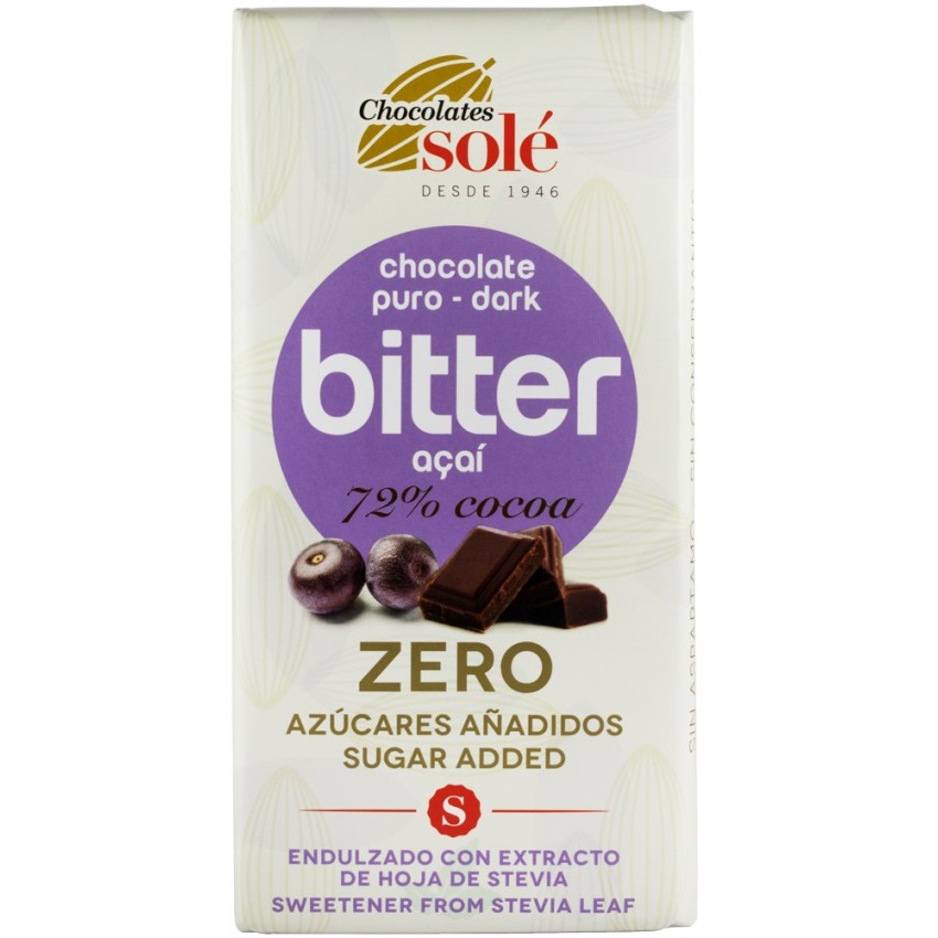 Ciocolata cu 72% cacao si acai indulcita cu stevie, 100 g, Chocolates Sole