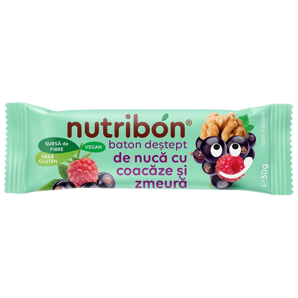 Baton vegan fara gluten de nuca cu coacaza si zmeura, 30g, Nutribon