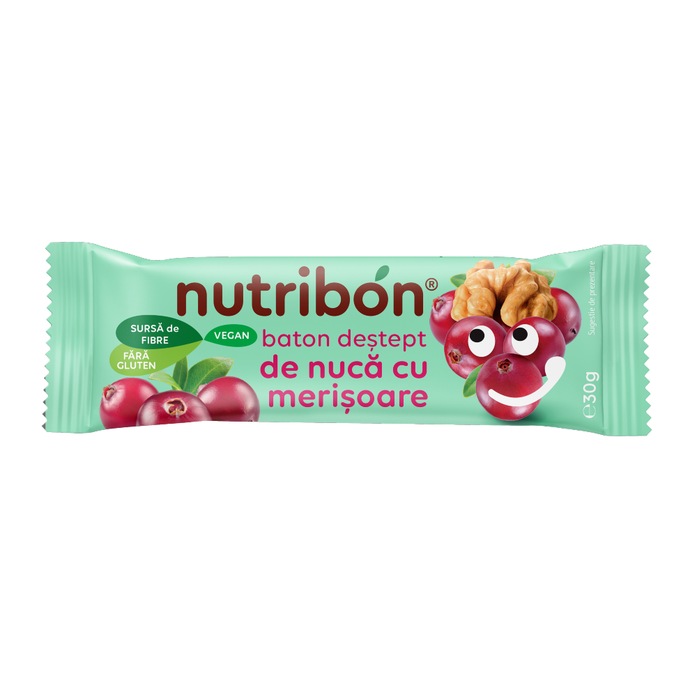 Baton vegan fara gluten de nuca cu merisoare, 30g, Nutribon