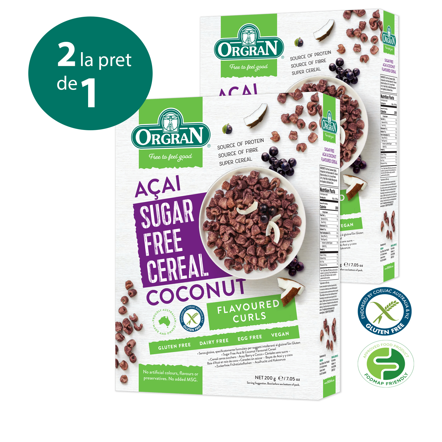 Pachet cereale fara zahar cu Acai si Cocos, 200 gr, 1+1, ORG19, Orgran