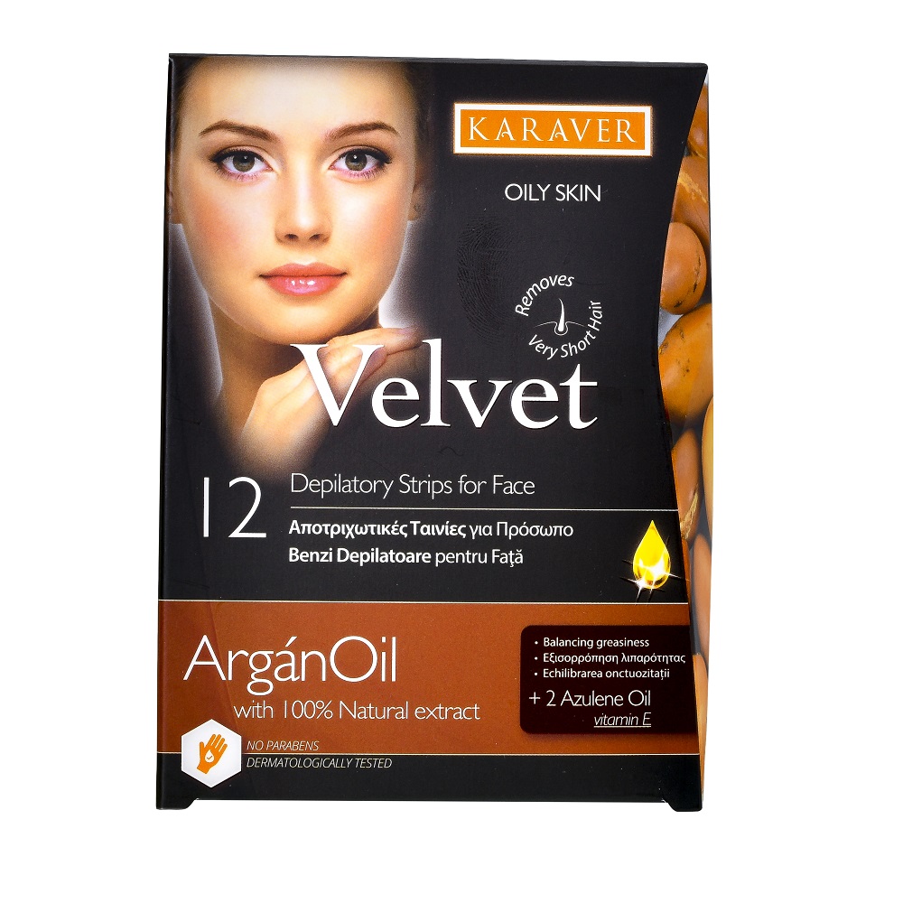 Benzi depilatoare Velvet pentru fata cu ulei de argan, 12 buc, Karaver