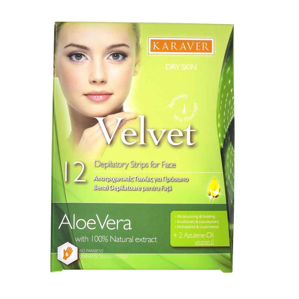  Benzi depilatoare Velvet faciale cu extract de aloe vera pentru ten uscat, 12 bucati, Karaver