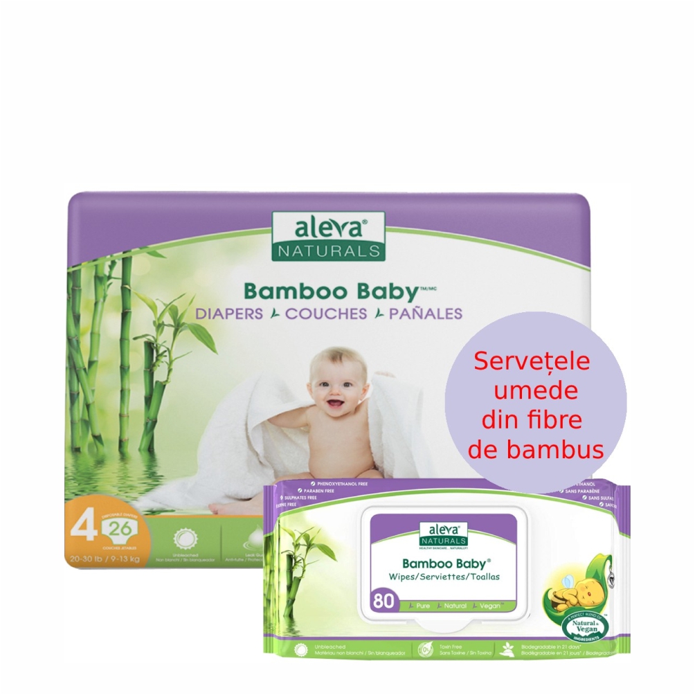 Oferta pachet Scutece Vegane din fibre de bambus nr 4, 9-13 kg, 26 buc + Servetele 80 buc, Aleva Naturals