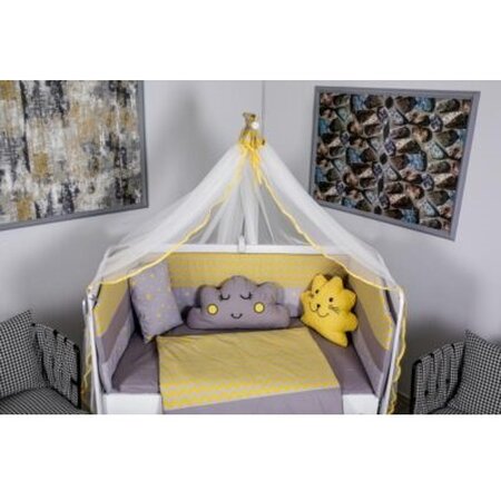 Set lenjerie pentru patut fara baldachin cu 10 piese Cloud, gri-galben, 120×60 cm, MyKids 524967