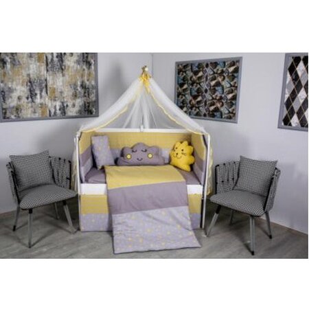 Set lenjerie pentru patut fara baldachin cu 10 piese Cloud, gri-galben, 120×60 cm, MyKids 524965