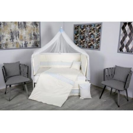 Set lenjerie pentru patut cu baldachin cu 11 piese Cream, albastru, 120×60 cm, MyKids 525002