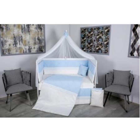 Set lenjerie pentru patut cu baldachin cu 11 piese Squars, alb-albastru, 120×60 cm, MyKids 525008