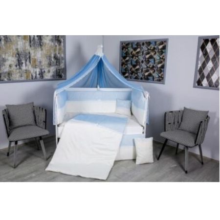 Set lenjerie pentru patut fara baldachin cu 9 piese, alb-albastru, 120×60 cm, MyKids 525025