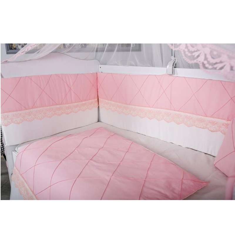 Set lenjerie pentru patut fara baldachin cu 9 piese, alb-roz, 120×60 cm, MyKids