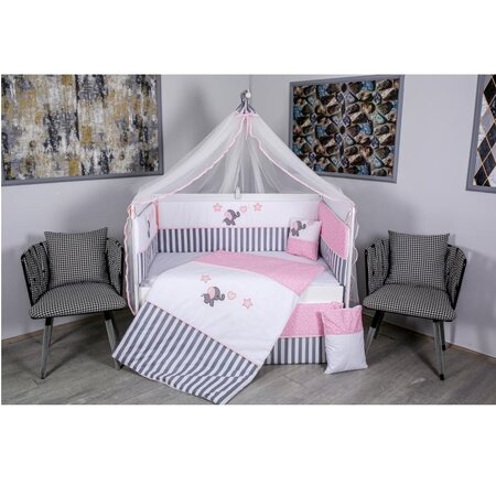 Set lenjerie pentru patut fara baldachin, 120×60 cm, 9 piese, gri-roz, Elephant, MyKids 525041