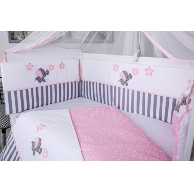 Set lenjerie pentru patut fara baldachin, 120×60 cm, 9 piese, gri-roz, Elephant, MyKids