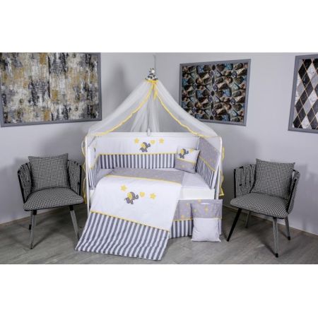 Set lenjerie pentru patut fara baldachin cu 9 piese Elephant, gri-galben, 120×60 cm, MyKids 525042