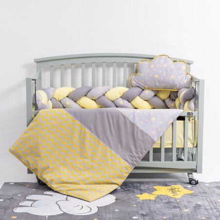 Set lenjerie patut fara baldachin, 6 piese, Gray-Yellow, 120×60 cm, MyKids 525054