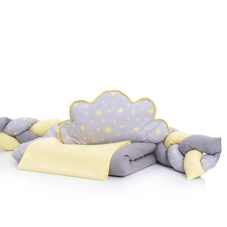 Set lenjerie patut fara baldachin, 6 piese, Gray-Yellow, 120×60 cm