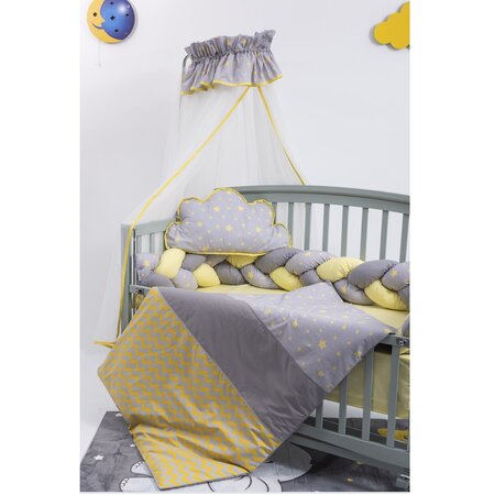 Set lenjerie patut cu baldachin cu 8 piese, gri-galben, 120×60 cm, MyKids 525087