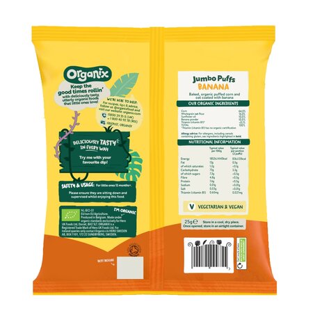 Baghete Bio din porumb si ovaz cu banana, + 12 luni, 25 g, Organix 816772