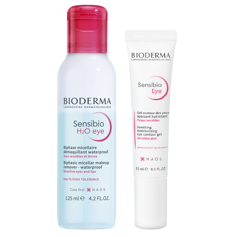 Pachet Gel contur ochi + Solutie micelara bifazica H2O eye Sensibio, 15+125 ml, Bioderma