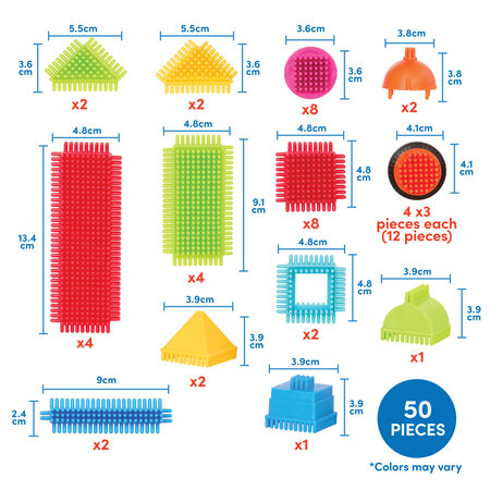 Cutie albastra cu 50 cuburi de construit senzoriale Bristle Blocks, 2 ani+, Battat 819422