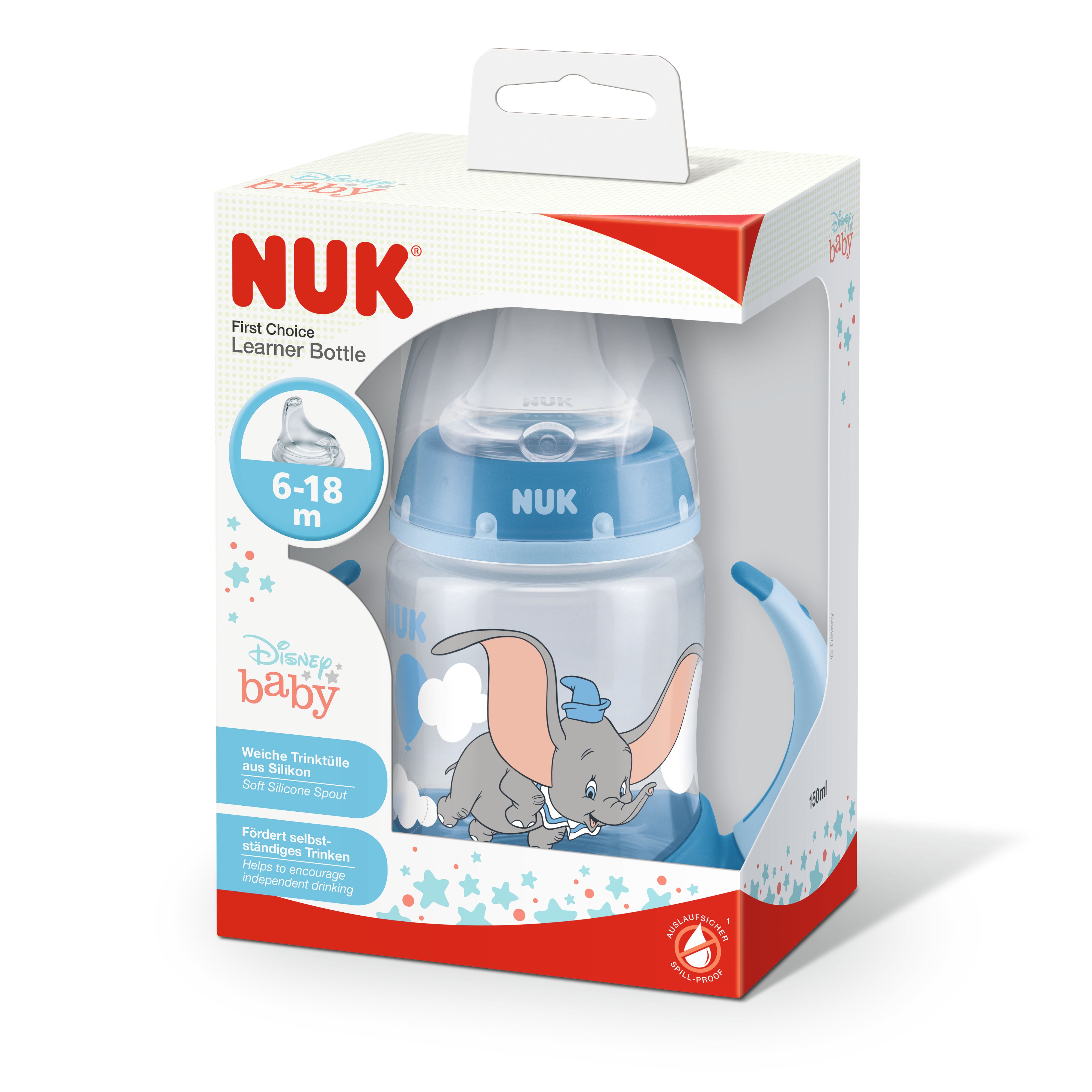 Biberon PP 150 ml cu toarte + tetina silicon de invatare 6-18 luni, First Choice Disney Dumbo, Nuk