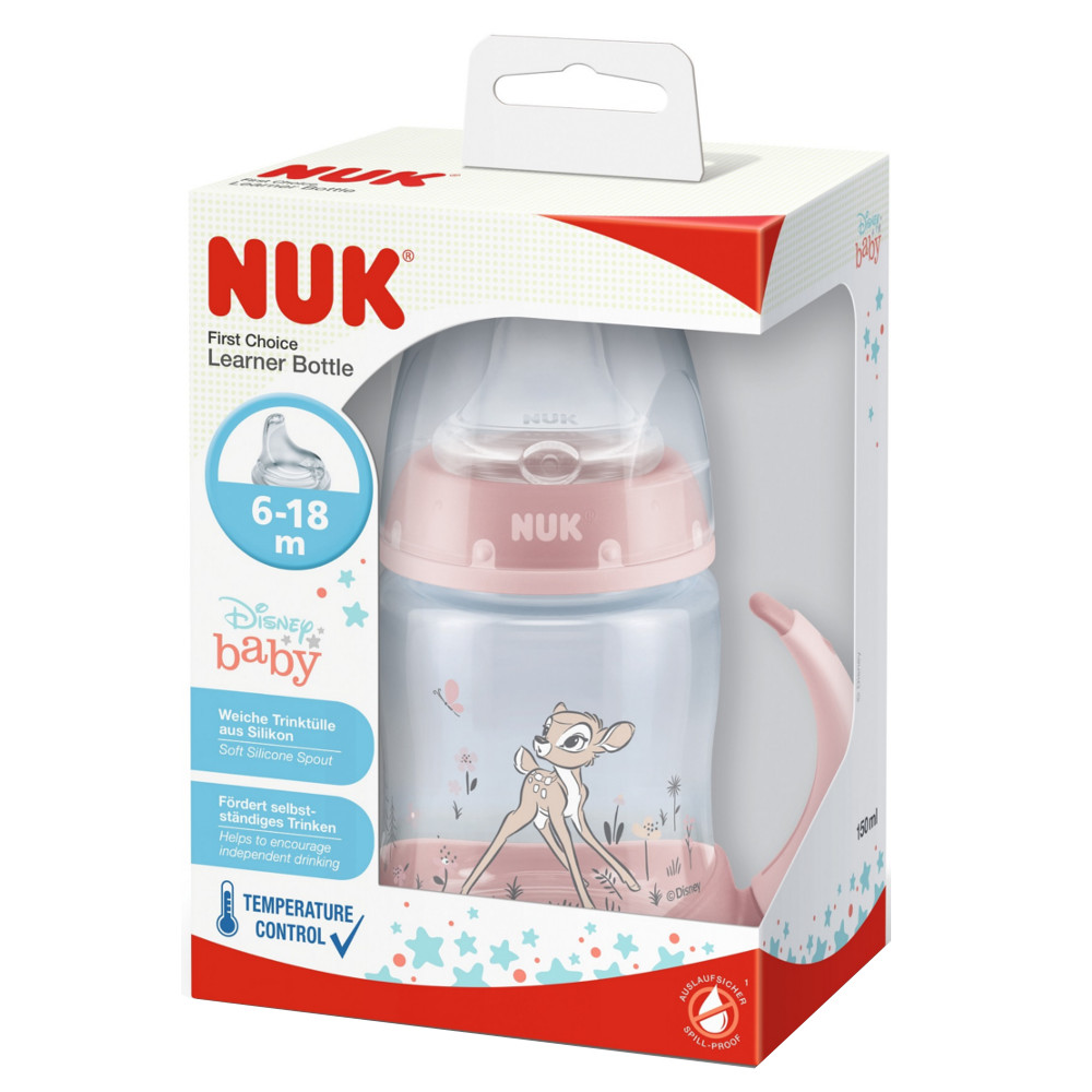 Biberon PP 150 ml cu toarte + tetina silicon de invatare 6-18 luni, First Choice Disney Bamby, Nuk