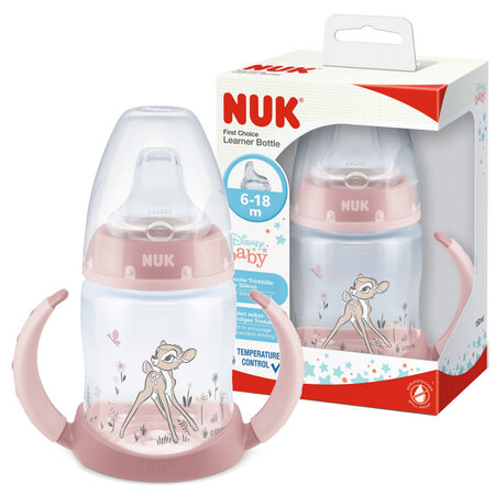 Biberon PP 150 ml cu toarte + tetina silicon de invatare 6-18 luni, First Choice Disney Bamby, Nuk 550704