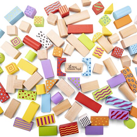 Set de cuburi din lemn, +18 luni, 100 bucati, New Classic Toys 652742