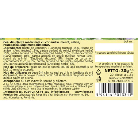 Ceai Digestiv D147, 20 plicuri, Fares 722309