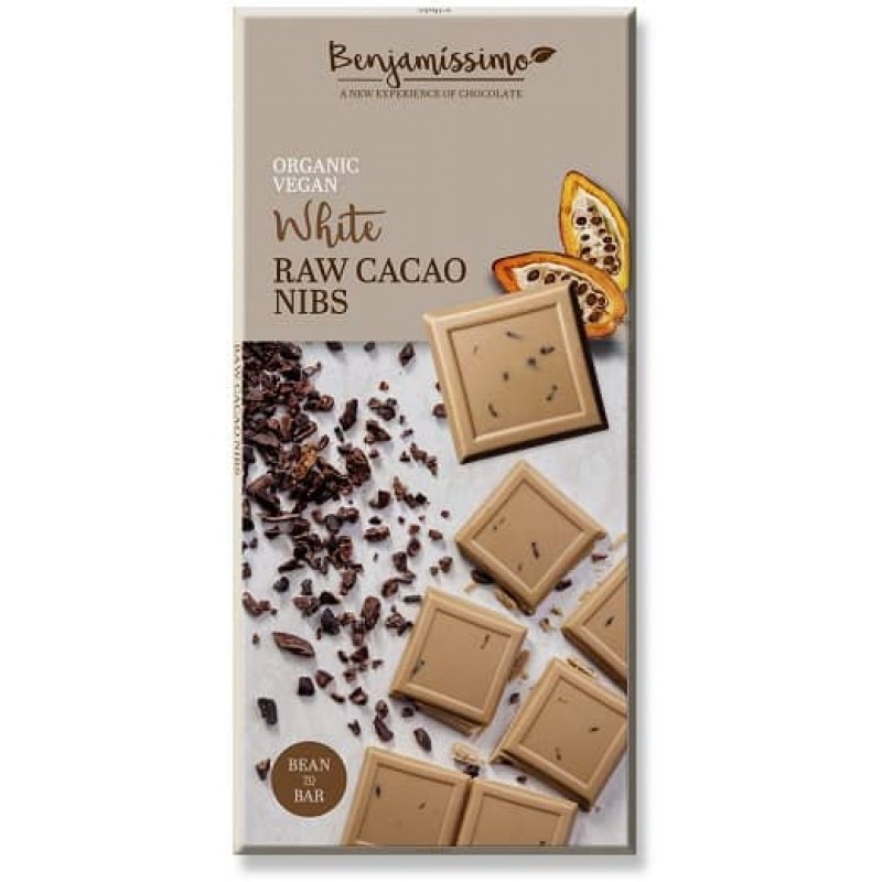 Ciocolata alba cu cacao Nibs Bio, 70 g, Benjamissimo