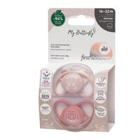 Set 2 Suzete din silicon, forma anatomica, simetrica, tetina ortodontica flexibila First Moments MyButterfly, Roz, 16-32 luni, Nip