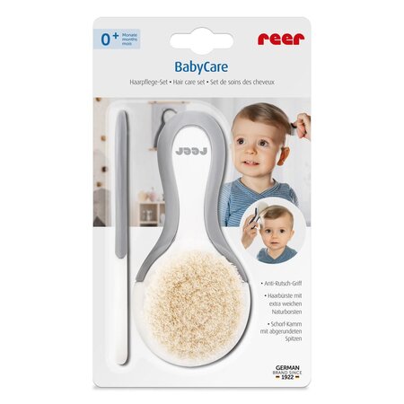 Set perie si pieptene ingrijire bebelusi BabyCare Hair, 0 luni+, Alb cu gri, Reer 531374