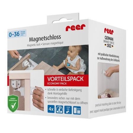 Set 4 incuietori magnetice pentru sertare si usi de dulapuri, Alb, 6-36 luni, Reer 531522