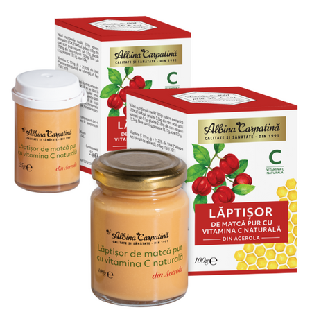 Laptisor de matca pur cu vitamina C din Acerola, 100 g +25 g, Albina Carpatina