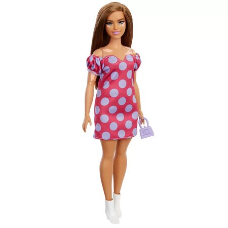 Papusa Barbie Fashionista, satena cu rochie roz cu buline