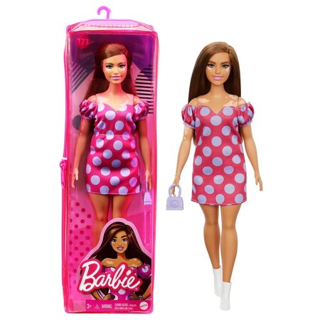 Papusa Barbie Fashionista, +3 ani, satena cu rochie roz cu buline, Barbie 532551
