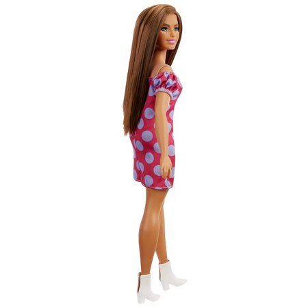 Papusa Barbie Fashionista, +3 ani, satena cu rochie roz cu buline, Barbie 532552