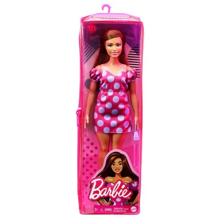Papusa Barbie Fashionista, +3 ani, satena cu rochie roz cu buline, Barbie 532549