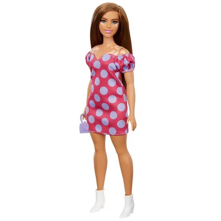 Papusa Barbie Fashionista, +3 ani, satena cu rochie roz cu buline, Barbie 532555