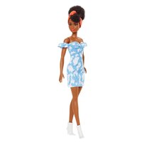 Papusa Barbie Fashionista, Bruneta cu rochita Albastra, Barbie