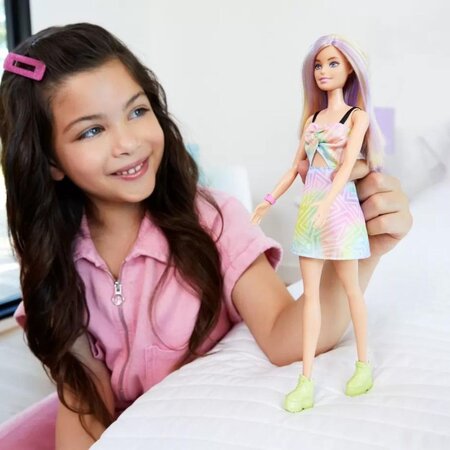 Papusa Barbie Fashionista, blonda cu suvite mov, Barbie 532573